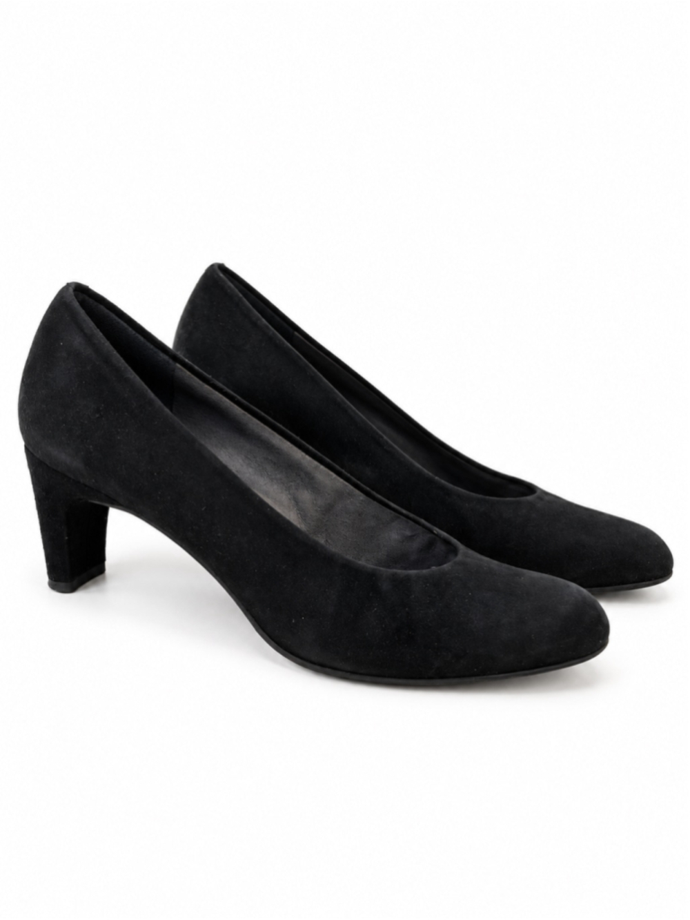 Vintage Stuart Weitzman Chicpump Black Suede Almond Toe Block Heel Pumps 6.5